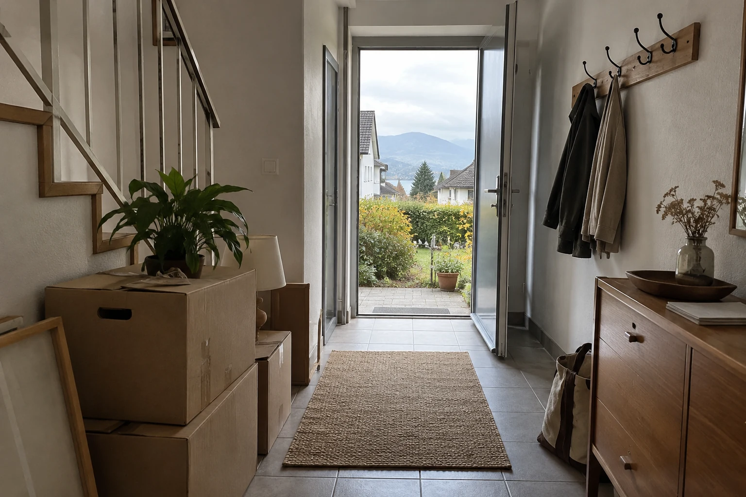 Image d’illustration — Entrée d’un logement avec des cartons de déménagement