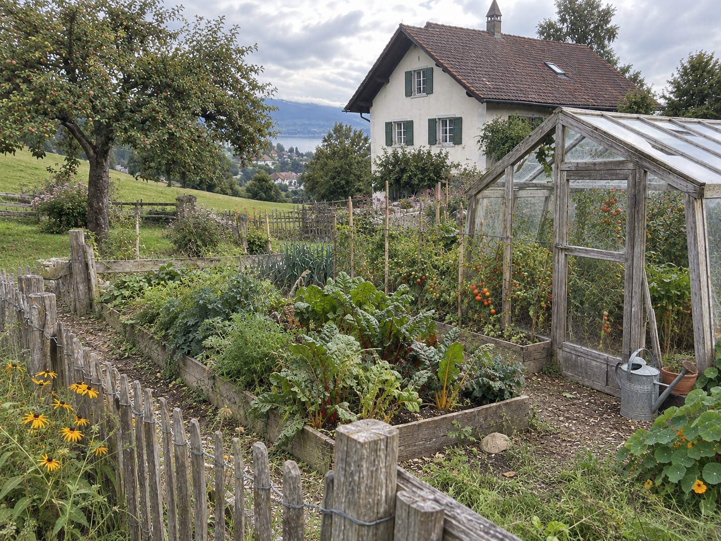 Maison avec grand jardin potager et vue sur le lac — Maison à toiture en tuiles, Serre vitrée, Potager clôturé, Arbres fruitiers