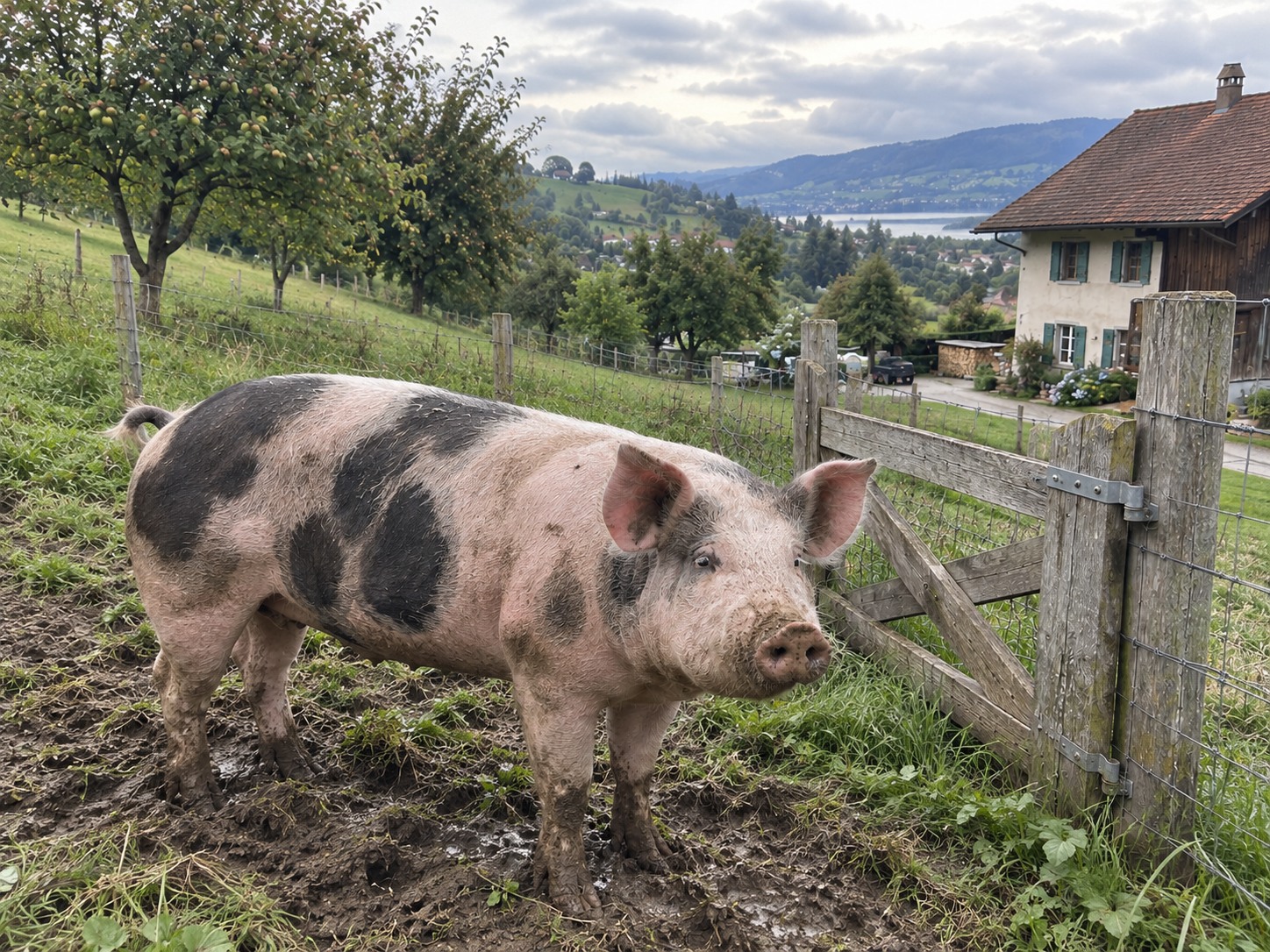 Ferme avec grange et zone agricole — Maison et grange attenante, Enclos clôturé, Potager cultivé, Porc en plein air