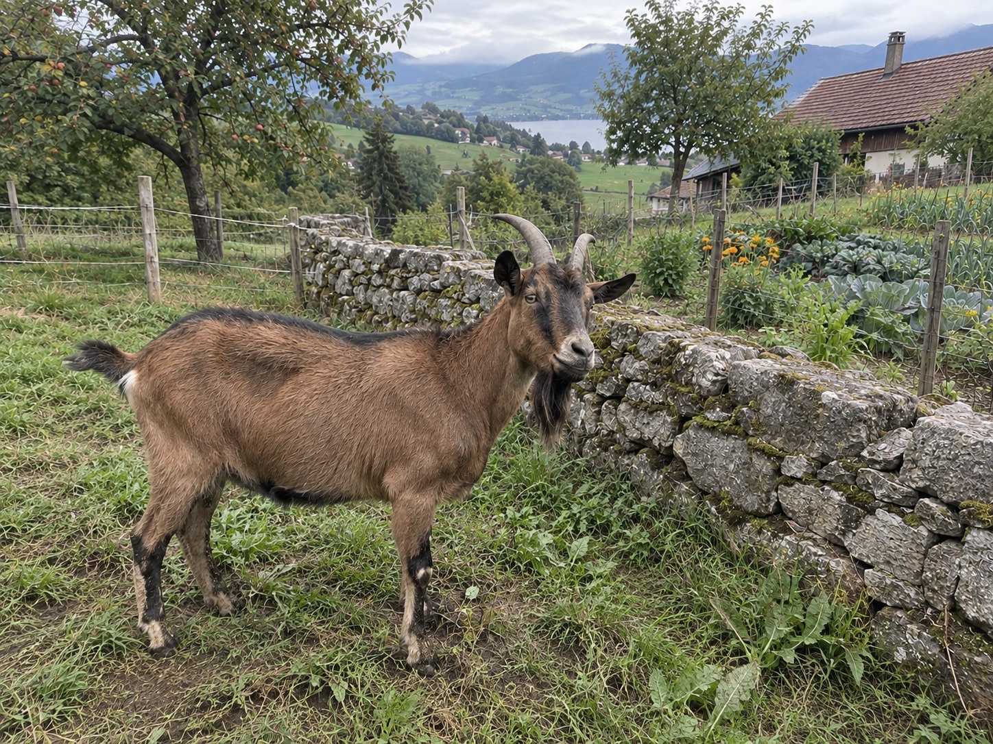 Maison de campagne, vue sur le lac et zone agricole — Maison et grange attenante, Prairie clôturée, Potager cultivé, Chèvre au pâturage